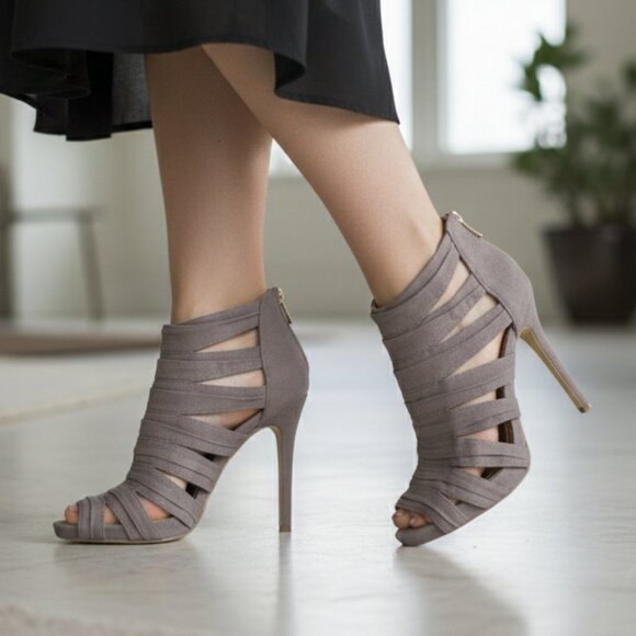 BCBGeneration Shoes - BCBGeneration Jubilee Taupe Bandage Stiletto Heels Size 9M Strappy Peep Toe